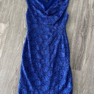 Connected Apparel Royal Blue Lace Midi Dress sequins Size 10